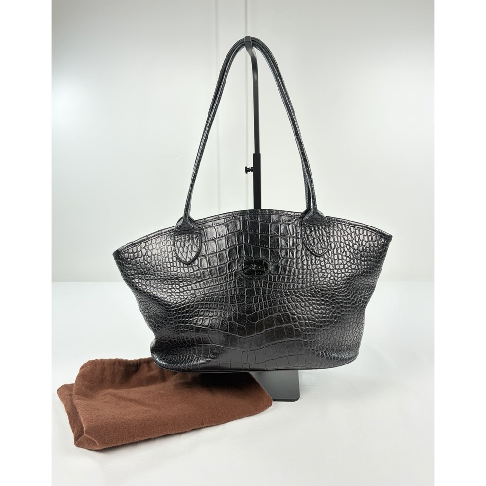 Longchamp Black Croc-Embossed Leather Shoulder Bag
